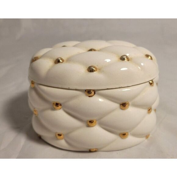 VTG HOLLAND MOLD HANDMADE WHITE DIAMOND & GOLD CUSHION STYLE TRINKET BOX & LID - Picture 1 of 10
